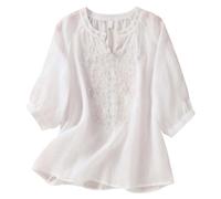 Generisch Bad Taste Outfit Women's Vintage Linen Cotton Shirt with Embroidery, Summer V-Neck, Slimming Simplicity, Plain ¾ Sleeve Top Linen Blouses, White, L=2
