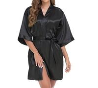 Generisch Bathrobe Women Short Kimono Robe for Women Silky Satin Robe Bridal Bridesmaids Sleepwear Soft Nightdress, black, XL