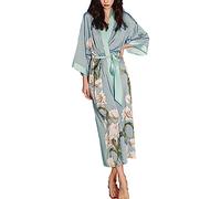 Generisch Bathrobe Women's Lightweight Large Sizes House Coat Floral Kimono V-Neck Sleepwear Thin Pyjamas Silky Satin Dressing Gown with Belt Sleepwear Comfortable Homewear Lapel Robe, sky blue, One