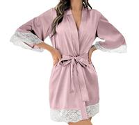 Generisch Bathrobe Women's Sexy Short Lace Bathrobes Skin-Friendly Cuddly Dressing Gown with Belt House Coat Lightweight Sleeping Gown 3/4 Sleeves Spa Bathrobes Egg Coloured V-Neck House Coat