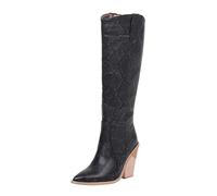 Generisch Beautiful Print Knee High Western Boots Calf Chunky Ladies Chunky Stacking Heel Pointed Toe, black, 7 UK