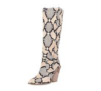 Generisch Beautiful Print Knee High Western Boots Calf Chunky Ladies Chunky Stacking Heel Pointed Toe, beige, 8.5 UK
