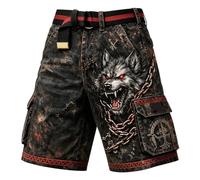 Generisch Bermuda Shorts Men's Viking Cargo Jeans Knee-Length Loose Trousers with Multiple Side Pockets Vintage Denim Shorts Gothic Heavy Metal Festival Outfit LARP Costume Motorcycle Leisure Trousers