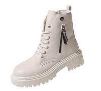 Generisch Biker Boots Women's Lace-Up Combat Boots Arch Support Short Boots Round Ankle Boots with Zip Lace-up Boots British Style Ankle Boots for Outdoor Mountaineering, White, 4 UK