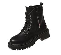 Generisch Biker Boots Women's Lace-Up Combat Boots Arch Support Short Boots Round Ankle Boots with Zip Lace-up Boots British Style Ankle Boots for Outdoor Mountaineering, black, 5 UK