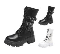 Generisch Biker Boots Women's Leather Flat Cowboy Boots Women's Medium High Winter Boots Elegant Lace-Up Boots Comfortable Punk Boots Fashionable Mid Tube Boots Round Women's Boots Plain Half Boots