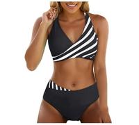 Generisch Bikini Set Women's Two Piece Swimsuit V Neck Cross Push Up Lace Up Wrap Look Floral Pattern Swimwear Tummy Control Swimsuit Sports Swimsuit Summer Bikini Tops Bikini Bottoms, A-Black, L
