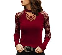 Generisch Black Tight Top Women Top Shirt Loose Printed V Neck Top Blouse Lace Long Sleeve Summer Dresses For Women With Sleeves, Wine Red, M