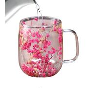 Generisch Blossom Tea Double Walled Clear Cup with Dried Flowers and Handle Aesthetic Coffee Cup Dishwasher Safe for Home Balcony Garden Picnic Party and Gift