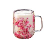 Generisch Blossom Tea Double Walled Clear Cups with Dried Flowers and Handle, Drinking Vessels for Tea - For Home, Balcony, Garden, Picnic, Party and Gift