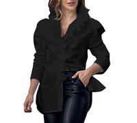 Generisch Blouse Elegant Women's Sexy Shirt with Abstract Print Puff Sleeves Ruffle Collar Lace Shirt Women, black, XL