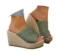 Generisch Boho Platform Sandals with Woven Toe Loops for Summer Beach Days - Casual Slip-On Casual Shoes Boho Style, Dark green, 7 UK