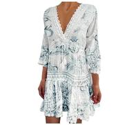 Generisch Bondage Set Extremely Fashionable Women's Beach Dress with V-Neck and Seven-Quarter Sleeves in Bohemian Style with Neck and Floral Pattern Long Dress with Slit, black, M