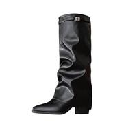 Generisch Boots Women's Shark Boots - Slouchy Wide Shaft Boots Cowboy Comfortable Pointed Toe Platform Heel Long Shaft Knee High Winter Warm Half Boots Leather Fashion Comfort Winter Shoes, 02 black