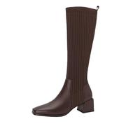 Generisch Boots Womens Womens Block Heel Ankle Boots Winter Fashion Stretch Knit Leather Stitching Pure Color Comfortable Square Toe Square Heel, brown, 7 UK