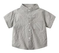 Generisch Boys' Short-Sleeved Shirt Preppy Dressed with Fine Checked Pattern - Summer Top with Stand-Up Collar and Button Placket, Casual Shirt for Everyday and Festivals