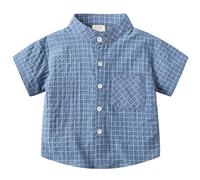 Generisch Boys' Short-Sleeved Shirt Preppy Dressed with Fine Checked Pattern - Summer Top with Stand-Up Collar and Button Placket, Casual Shirt for Everyday and Festivals