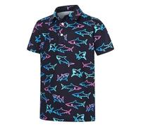 Generisch Boys' Short-Sleeved Shirt with Cool Neon Shark Print, Casual Summer Shirt for Beach and Leisure, Dark Blue Shirt with All-Over Pattern