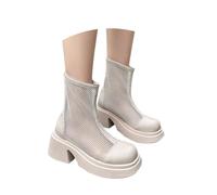 Generisch - British Style Mid Heel Hollow Out Mesh Design Round Toe Heel Zipper Back Ankle Boots Fashion Shoes for Women, White, 5 UK
