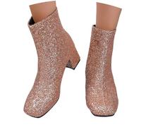 Generisch British Style Solid Color Sequin Decoration Thick Heel Zipper Short Boots, gold, 5 UK