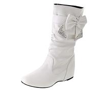 Generisch Calf Boots for Women with Wedge Heel, Women's Mid Heel Winter Boots, Plain Platform, Non-Slip Round Toe Shoes, Mid-Calf Leather Boots, Women's Boots, White, 6 UK