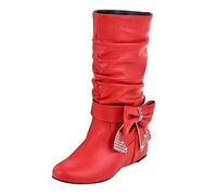 Generisch Calf Boots for Women with Wedge Heel, Women's Mid Heel Winter Boots, Plain Platform, Non-Slip Round Toe Shoes, Mid-Calf Leather Boots, Women's Boots, red, 8.5 UK
