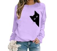 Generisch Casual Long Sleeve Crew Neck Sweatshirt for Women with Cute Cat Print, Soft Comfortable Pullover Top for Daily Wear Pullover Women Dark Green, Light purple, 3XL