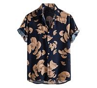 Generisch Casual Men's Ethnic Style Short Sleeve Summer Hawaiian Print Colour Contrast Casual Top Casual Button Down, gray, L