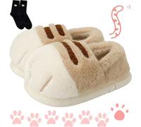 Generisch Cat Paw Slippers, Cute Funny 3D Cat Feet Slippers, Cozy Fuzzy Cat Paw Slippers for Women, Warm Winter Cat Paws Slippers, Light brown, 6/7 UK