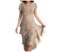Generisch Chic Dresses Women's Festive Short Sleeve Chiffon Inserts with Crew Neck, Casual Dress with Wave Hem, Beautiful Summer Dresses, Knee-Length, beige, 3XL