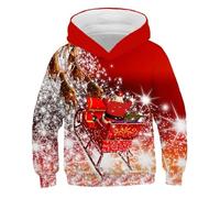 Generisch Children's 3D Hoodie with Santa in Sleigh - Hoodie with Reindeer in Snow Flurry | Magic Sweatshirt for Boys and Girls for Christmas, Style T01 Red, 4XL