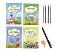 Generisch Children's Exercise Book - Cardboard 4 Pieces 19.1 x 18 cm Reusable Magic Ink Books with Pen Holder, Refills and Handle | Learning to Write Books with Grooves for Children,