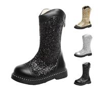 Generisch Children's Glitter Long Shaft Boots Glitter Sequin Boots with Zip Leather Boots Elegant Vintage Princess Boots Flat Round Toe Autumn Boots, black, 13 UK Child