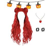 Generisch Children's Long Red Halloween Wig, Children's Long Red Curly Wig with Earrings, Comfortable Cosplay Clothing Accessories, Festival Accessories with Integrated Organiser Compartments and