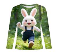 Generisch Children's Long Sleeve Shirt with Large Cartoon Bunny Front Print on Green Background - Short Sleeve Shirt with Realistic Playful Rabbit Motif Casual Shirt for Easter