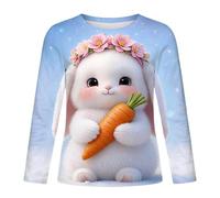 Generisch Children's Long Sleeve Shirt with Large Cartoon Bunny Front Print on Green Background - Short Sleeve Shirt with Realistic Playful Rabbit Motif Casual Shirt for Easter