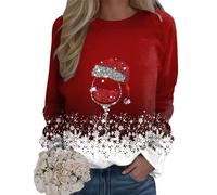 Generisch Christmas Blouse Merry Christmas Print O-Neck Round Neck Pullover Tops Casual Long Sleeve Workout Shirts Loose Blouse Printed Sweaters, Wine Red, S