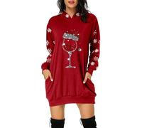 Generisch Christmas Dress Women's Funny Christmas Hoodie Dress Women with Red Wine Glass Christmas Motif Hoodie Oversize Party Dress Christmas Dresses Long Sleeve Christmas Dress for Women