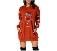 Generisch Christmas Dress Women's Funny Christmas Hoodie Dress Women with Red Wine Glass Christmas Motif Hoodie Oversize Party Dress Christmas Dresses Long Sleeve Christmas Dresses Christmas Dress