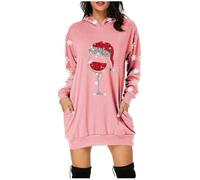 Generisch Christmas Dress Women's Funny Christmas Hoodie Dress Women with Red Wine Glass Christmas Motif Hoodie Oversize Party Dress Christmas Dresses Long Sleeve Christmas Dress for Women