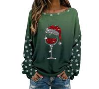 Generisch Christmas Jumper Women's Christmas Red Wine Glass Print Pullover Funny Christmas Sweatshirt Basic Crew Neck Long Sleeve Shirt with Christmas Motif Xmas Jumper Tops Tops, Green, L