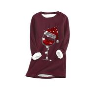 Generisch Christmas Jumper Women's Winter Christmas Red Wine Glass Printed Crew Neck Jumper Long Sleeve Plus Velvet Thermal Underwear Top, Wine Red, 4XL