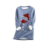 Generisch Christmas Jumper Women's Winter Christmas Red Wine Glass Printed Crew Neck Jumper Long Sleeve Plus Velvet Thermal Underwear Top, blue, M