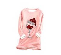 Generisch Christmas Jumper Women's Winter Christmas Red Wine Glass Printed Crew Neck Jumper Long Sleeve Plus Velvet Thermal Underwear Top, pink, XXL
