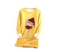 Generisch Christmas Jumper Women's Winter Christmas Red Wine Glass Printed Crew Neck Jumper Long Sleeve Plus Velvet Thermal Underwear Top, yellow, 3XL