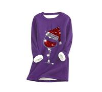 Generisch Christmas Jumper Women's Winter Christmas Red Wine Glass Printed Crew Neck Jumper Long Sleeve Plus Velvet Thermal Underwear Top, Dark purple, 5XL