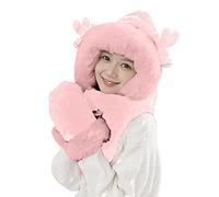 Generisch Christmas Women Wool Three-in-One Hooded Hat with Ear Flap and Long Scarf Gloves Set Fashion Talents Scarves Animal Motifs, pink, One Size