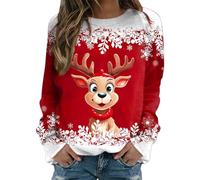 Generisch Christmas Women's Pullover Long Sleeve Crew Neck Sweatshirt with Cute Reindeer Graphic Festive Winter Fashion, red, L