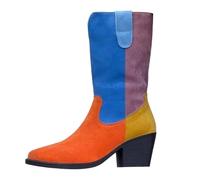 Generisch Chunky Heel Pointed Toe Cowboy Boots Colorful Western Style Mid-height Womens Boots Autumn Ankle Boots, orange, 8.5 UK