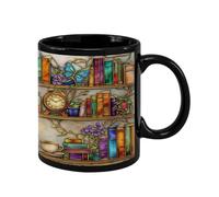 Generisch Coffee Mug - Cat Motif and Heat Resistant Ceramic Coffee Mug with Library Shelf | for Home, College Dorm, Hotel, Apartment, Authors, Reading Enthusiasts, Tea, Milk,